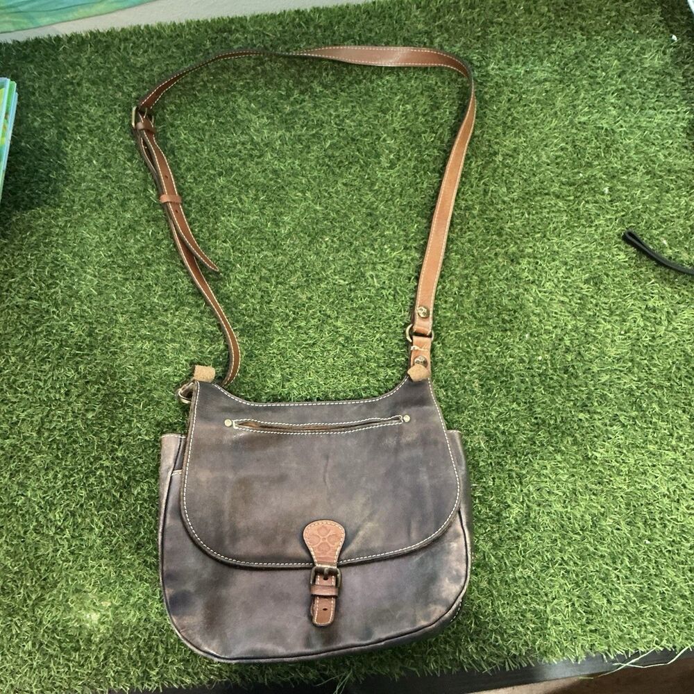 Patricia Nash Leather Crossbody Saddle Bag Distressed Brown Tan Buckle Flap
